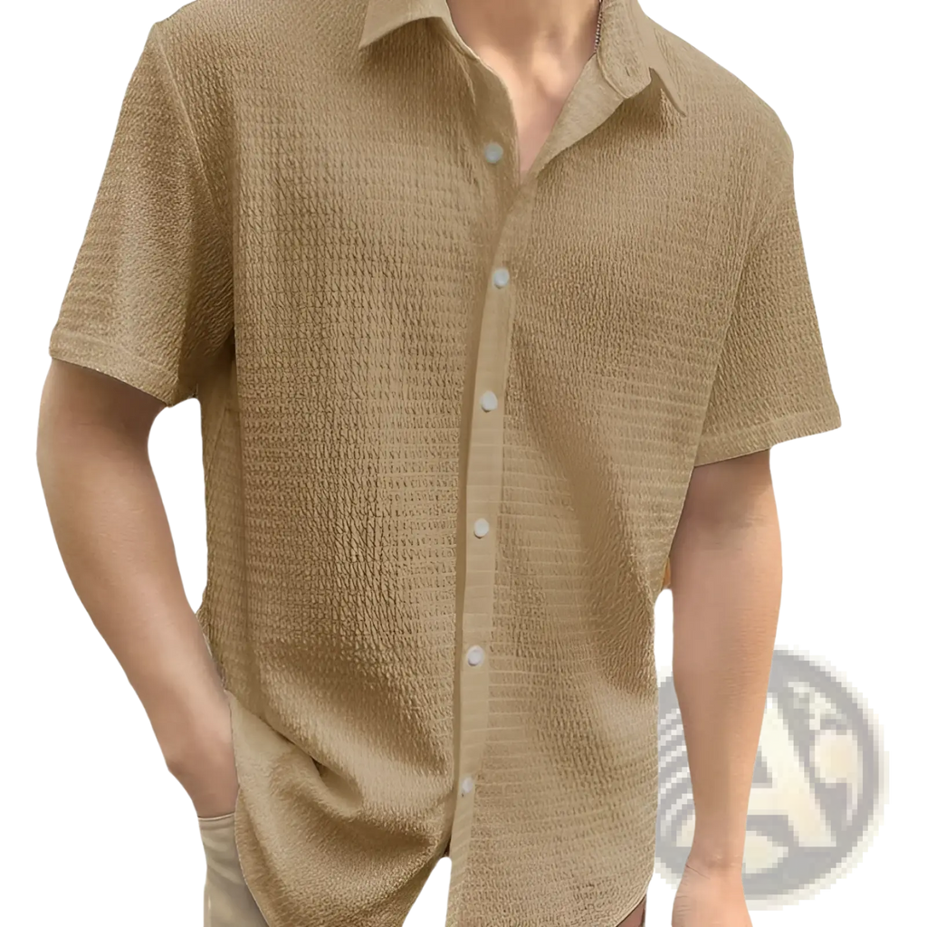 Men short sleeve textured casual shirt in beige woven fabric with button-up front and collar