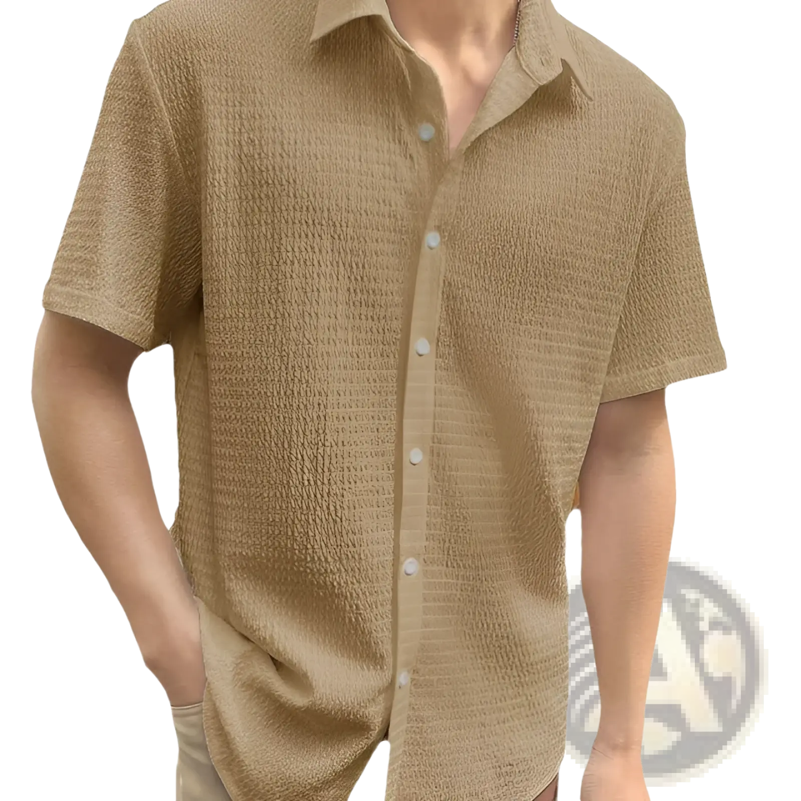 Men short sleeve textured casual shirt in beige woven fabric with button-up front and collar