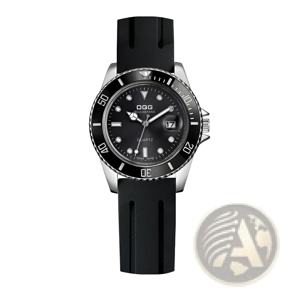 Men silicone quartz sports watch with black rubber strap silver-toned dial bezel and date window at 3 o’clock