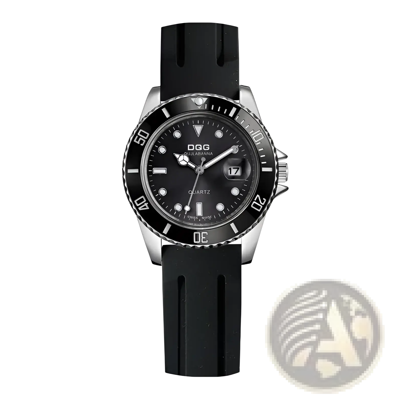 Men silicone quartz sports watch with black rubber strap silver-toned dial bezel and date window at 3 o’clock