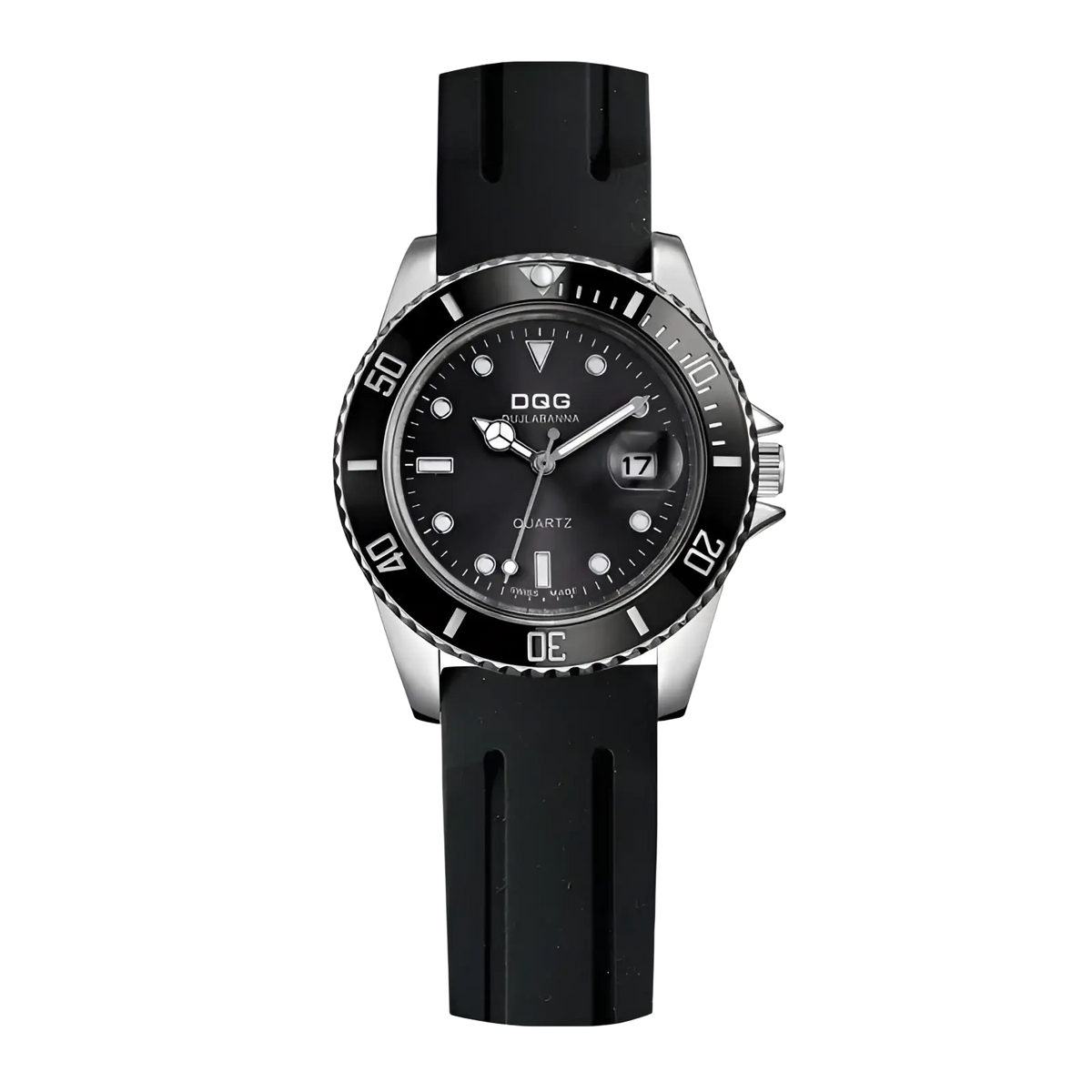 Men silicone quartz sports watch with black rubber strap silver-toned dial bezel and date window at 3 o’clock