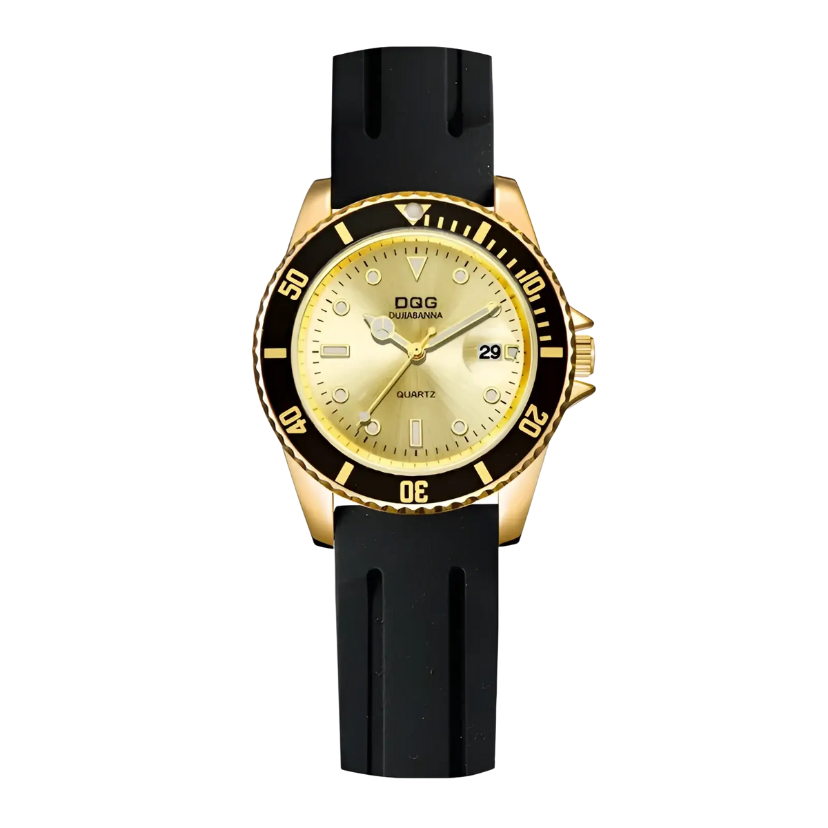 Men silicone quartz sports watch with gold-tone dgg ouisabanna case, yellow dial, bold black markings, and black rubber strap