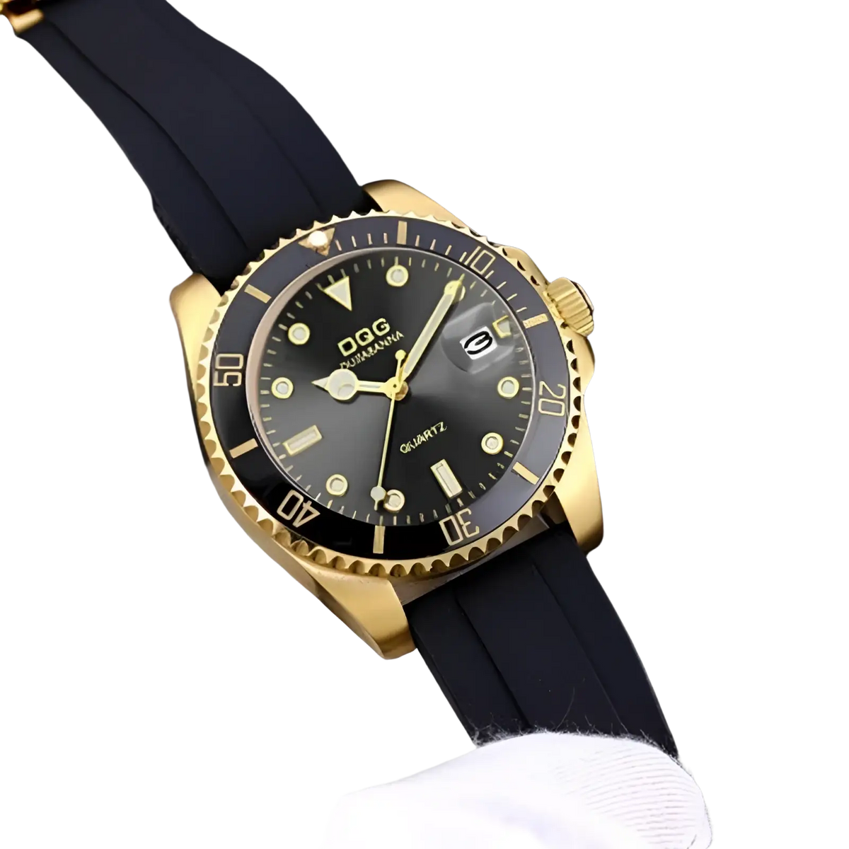 Men silicone quartz sports watch with gold-tone stainless steel case, black dial, luminous markers, and black rubber strap