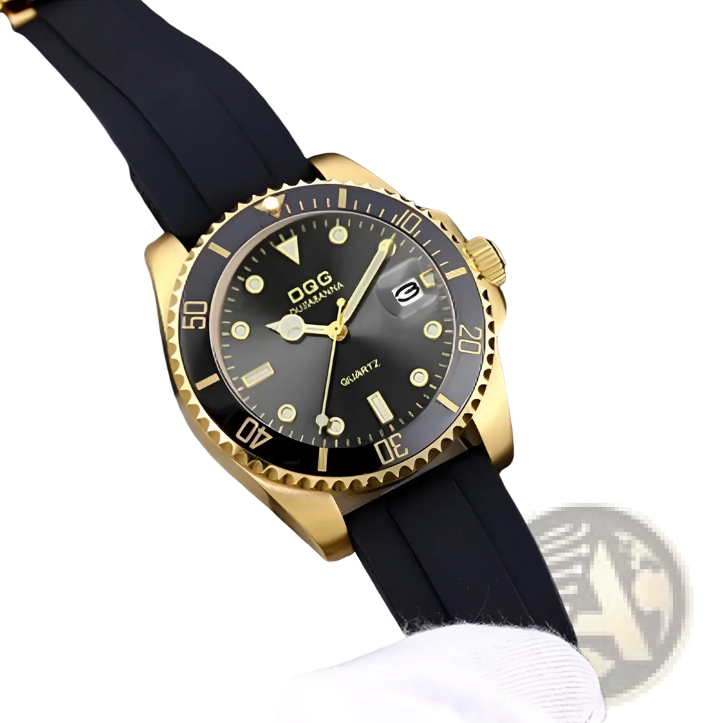 Men silicone quartz sports watch with gold-tone stainless steel case, black dial, luminous markers, and black rubber strap