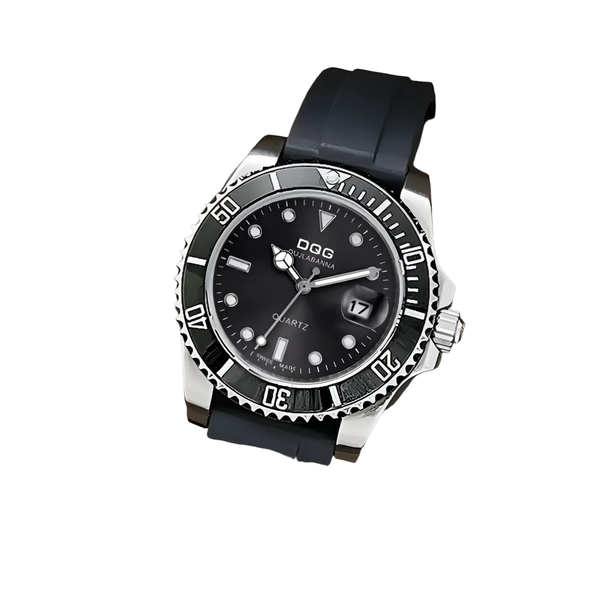 A men silicone quartz sports watch with a sleek black dial and silver-toned case featuring luminous markers and hands