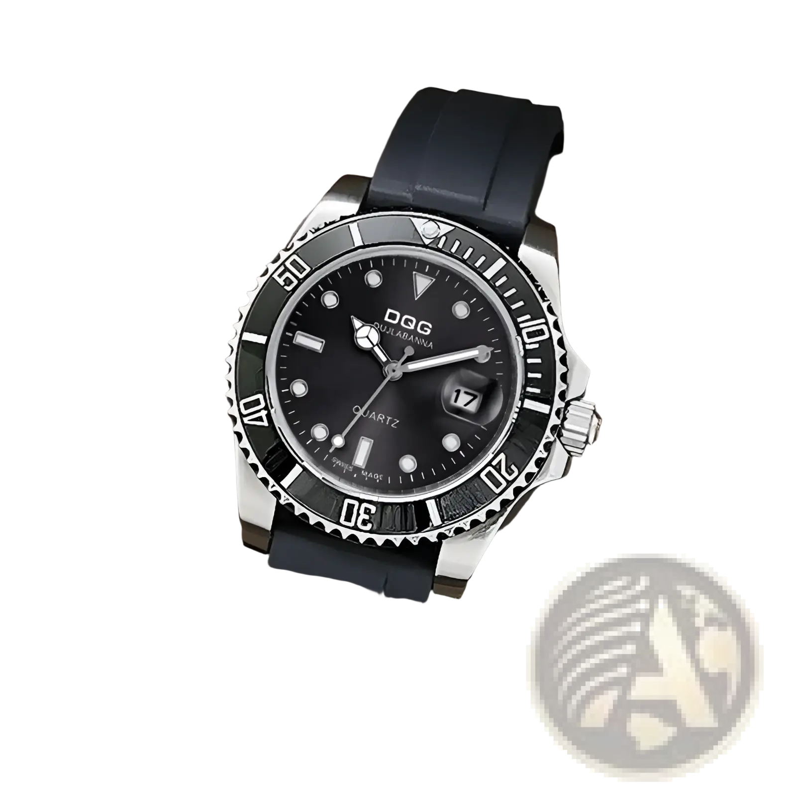 A men silicone quartz sports watch with a sleek black dial and silver-toned case featuring luminous markers and hands