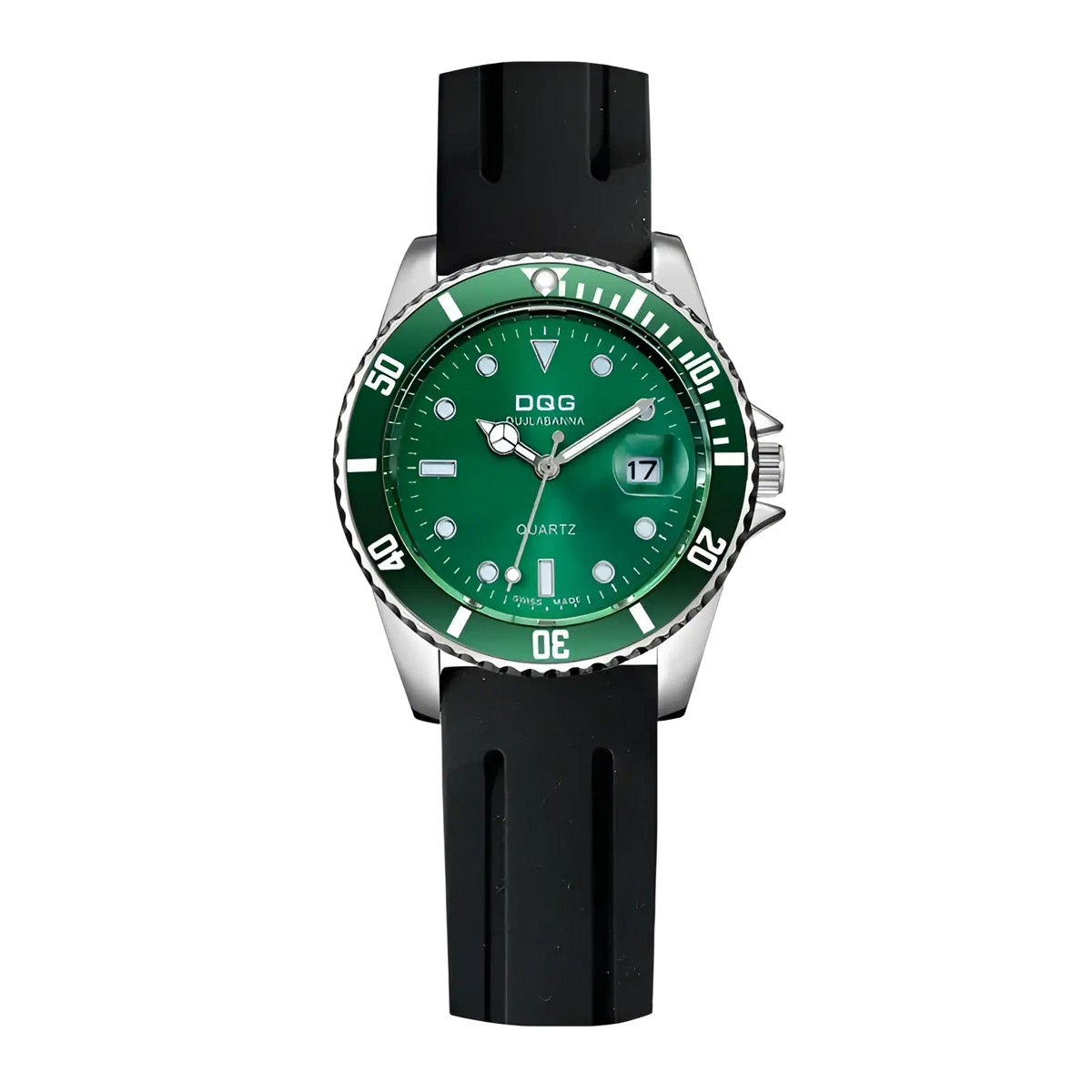 Men silicone quartz sports watch with vibrant green dial white markings black rubber strap featuring dujabanna brand name