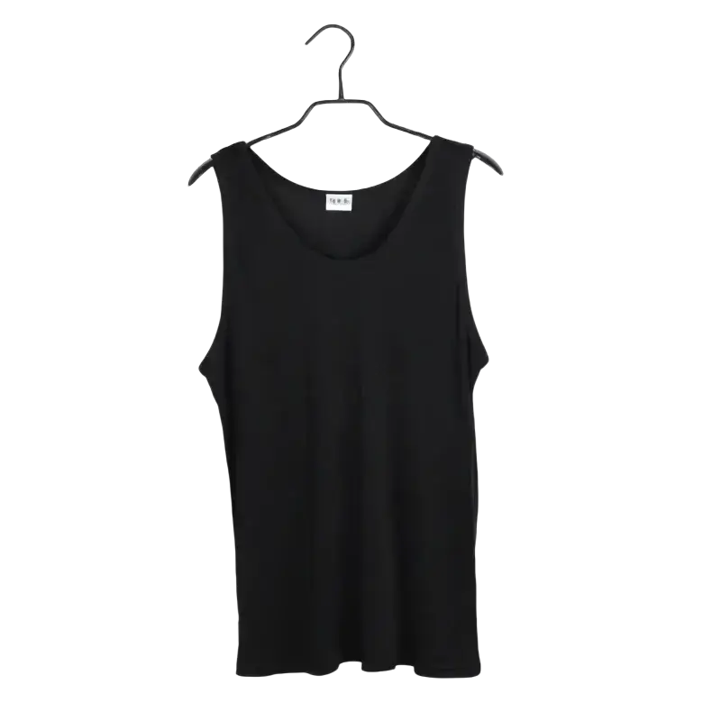 Black men silk blend sleeveless tank top hanging on hanger casual o neck vest for summer wear