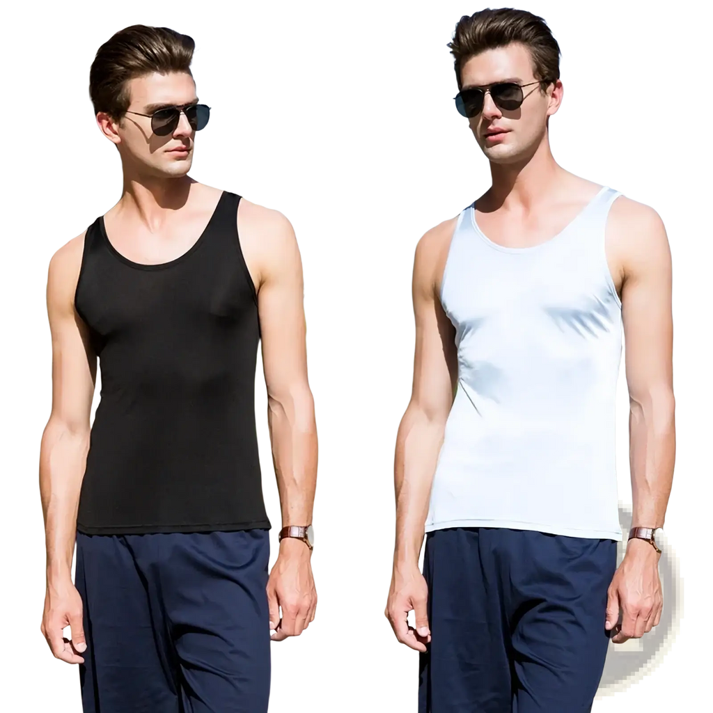 Men silk blend tank tops in black and white featuring smooth, form-fitting fabric with a casual o neck design