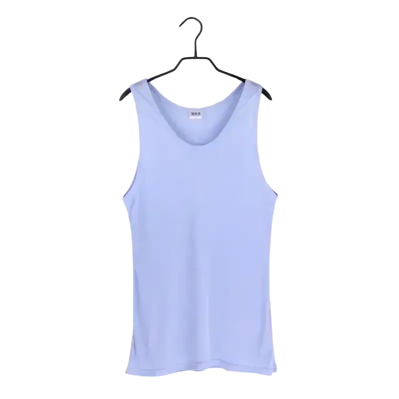 Light blue men silk blend sleeveless tank top hanging on a black hanger for casual o neck vest style