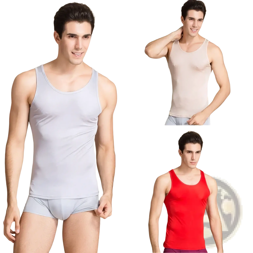 Men silk blend tank top casual o neck vest in light gray beige and red fitted smooth fabric with round neckline