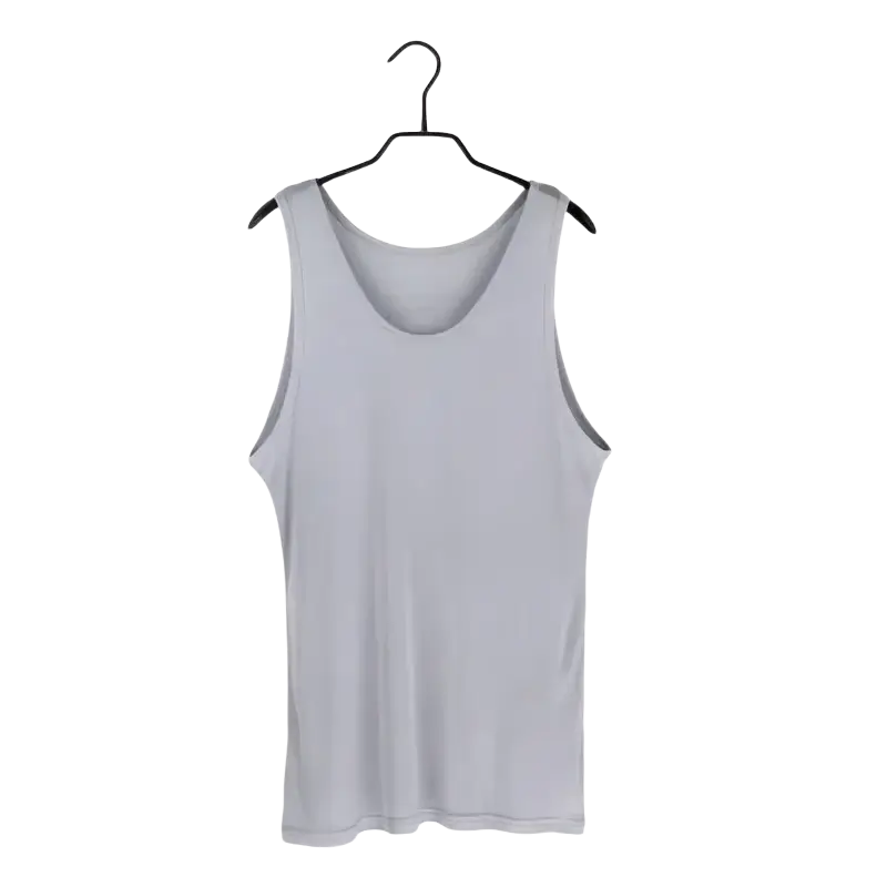 Men silk blend tank top casual o neck light gray sleeveless vest hanging on black hanger
