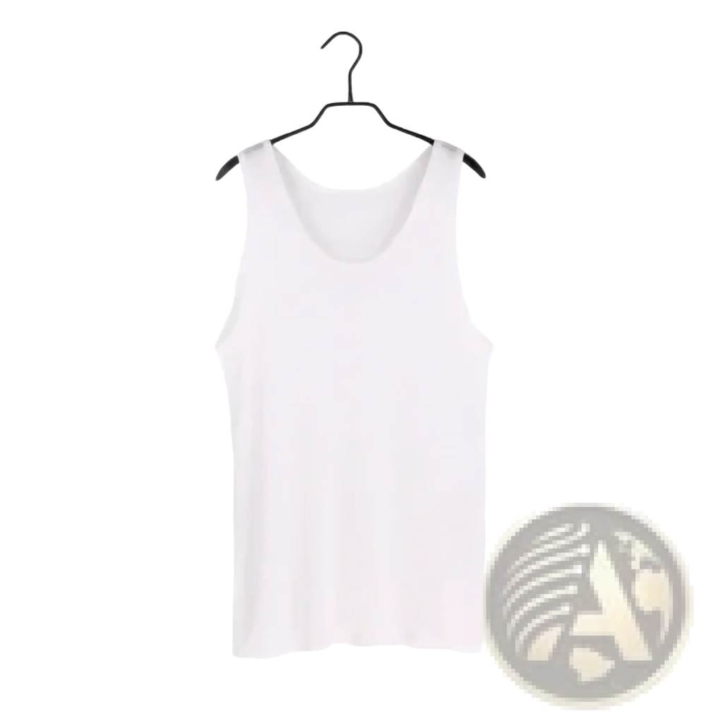 White silk blend sleeveless tank top hanging on black hanger casual o neck vest for men