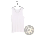 White silk blend sleeveless tank top hanging on black hanger casual o neck vest for men