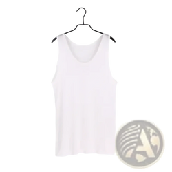 White silk blend sleeveless tank top hanging on black hanger casual o neck vest for men