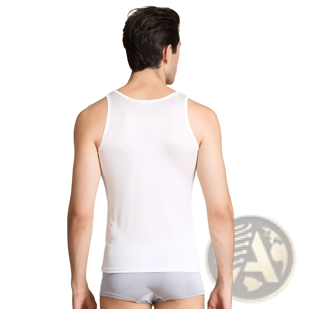 White sleeveless silk blend tank top worn by a man casual o neck vest showcasing smooth fabric texture