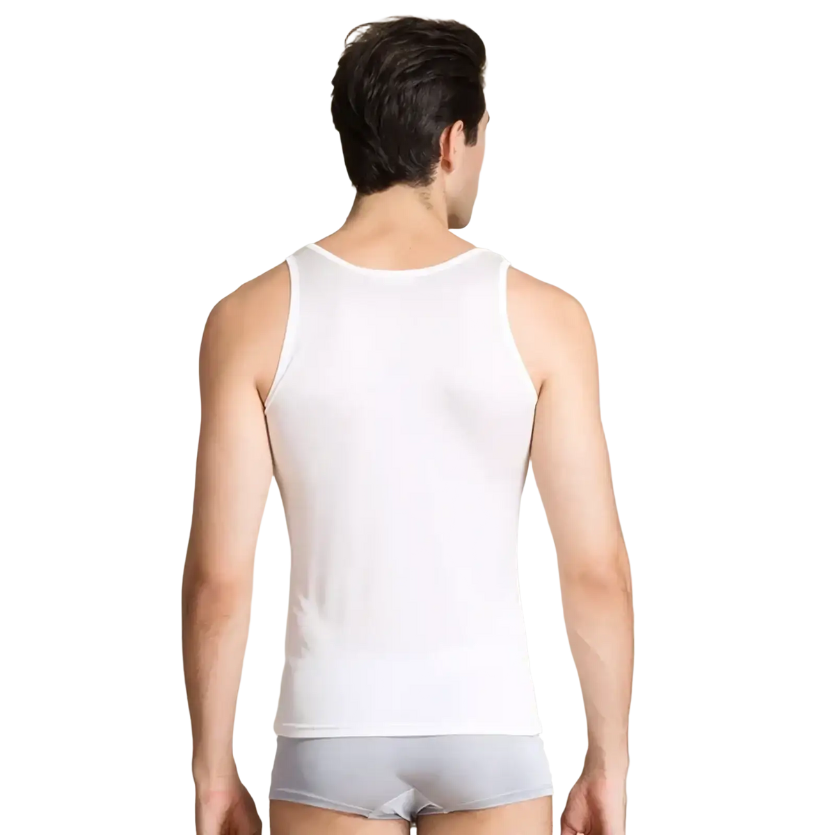 White sleeveless men silk blend tank top with smooth form-fitting fabric for casual wear o neck vest