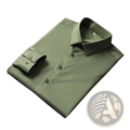 Men silk long sleeve dress shirt in sleek olive green with silk finish crisp collar and buttoned cuffs