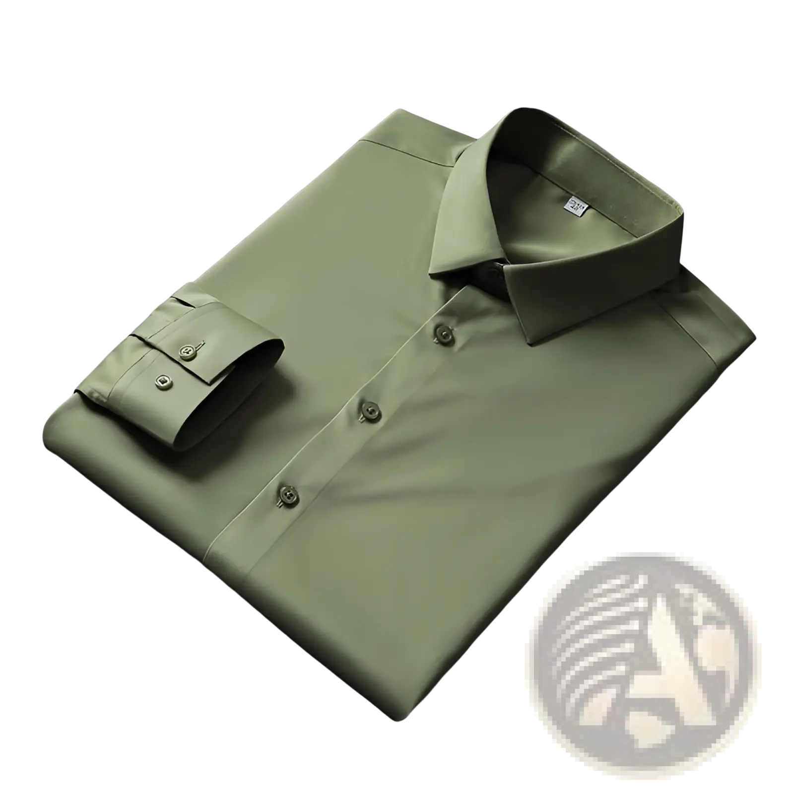 Men silk long sleeve dress shirt in sleek olive green with silk finish crisp collar and buttoned cuffs