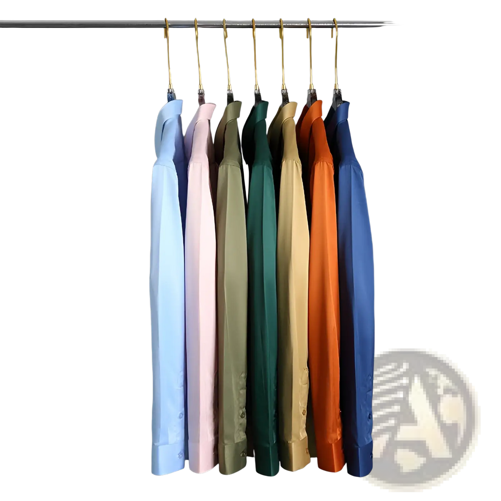 Men silk long sleeve dress shirts in pastel and vibrant hues hanging neatly on gold-tone hangers