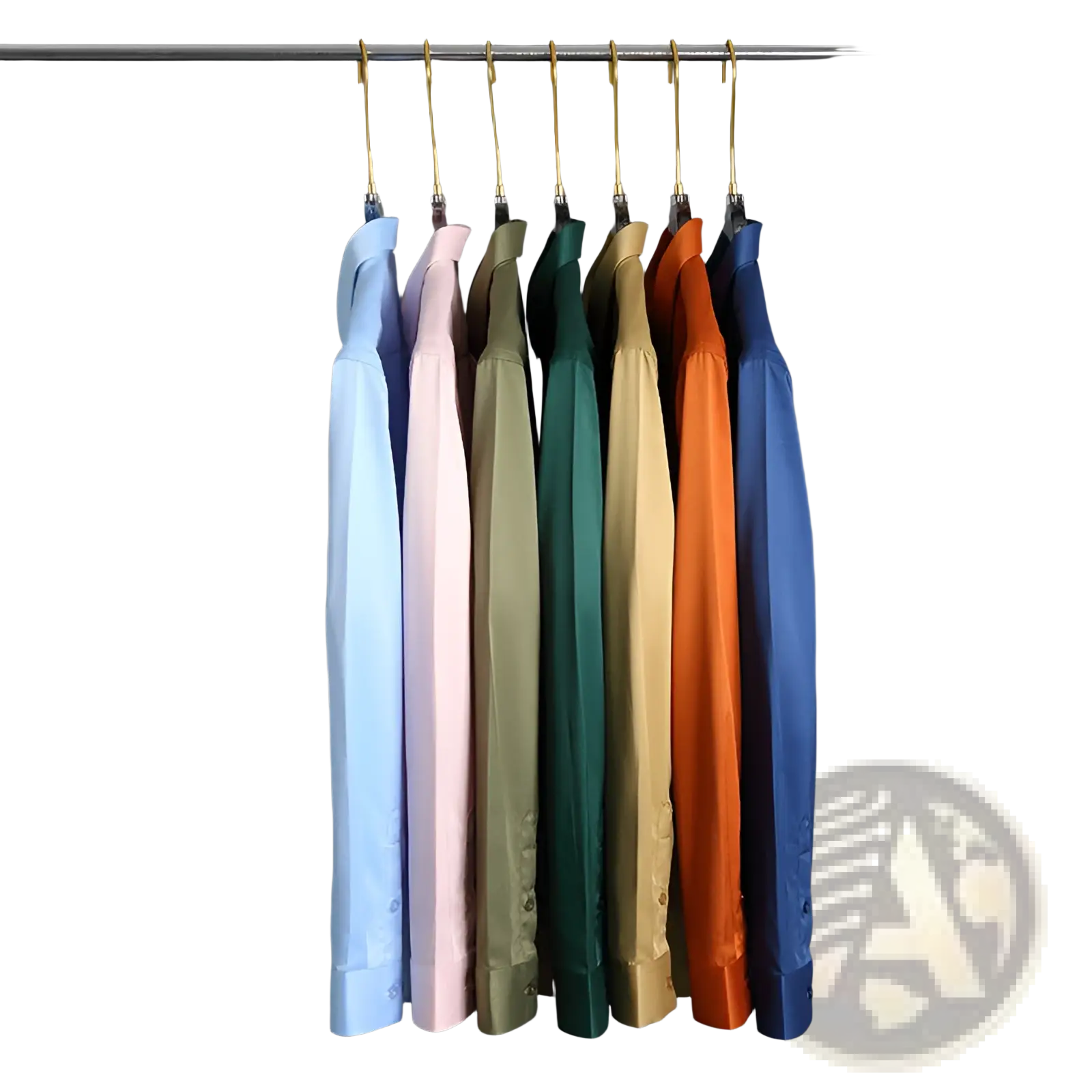 Men silk long sleeve dress shirts in pastel and vibrant hues hanging neatly on gold-tone hangers