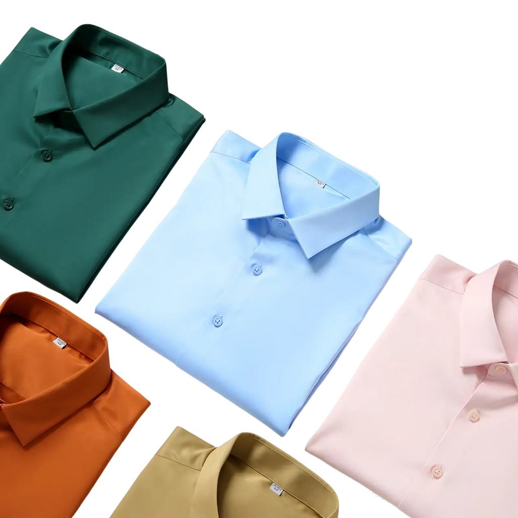 A neatly folded light blue men silk long sleeve dress shirt with a crisp collar and matching buttons