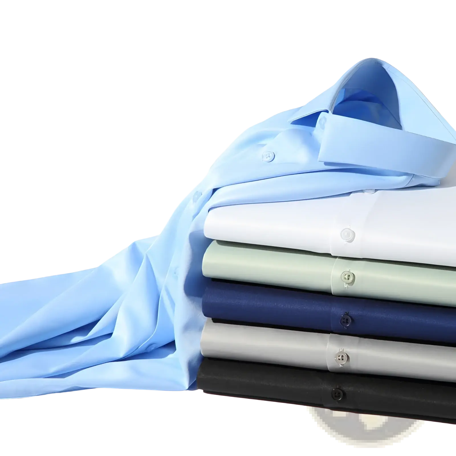 Stack of neatly folded men silk long sleeve dress shirts in light blue white sage green navy gray and black colors