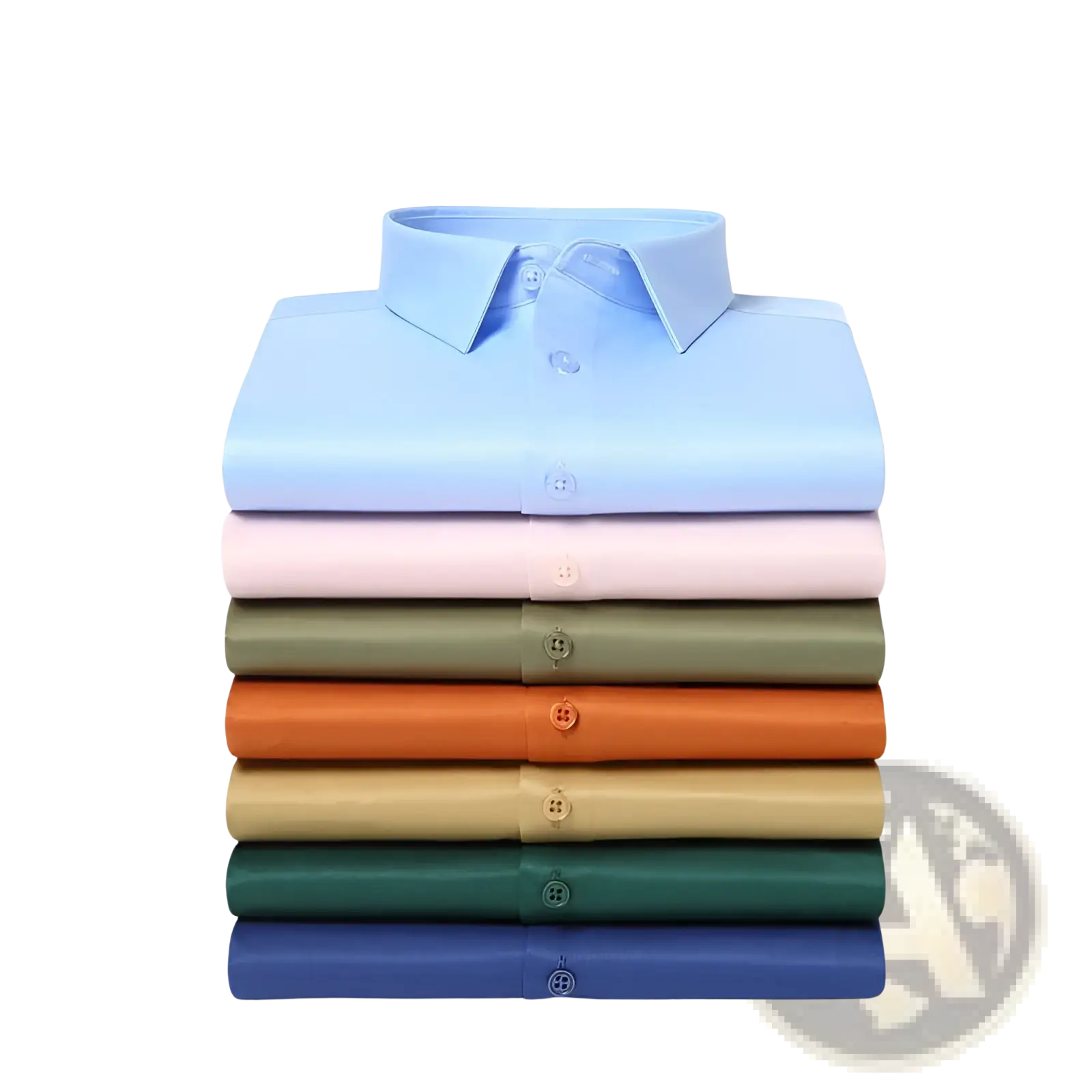 Stack of neatly folded men silk long sleeve dress shirts in pastel and solid colors with crisp collars and buttoned fronts