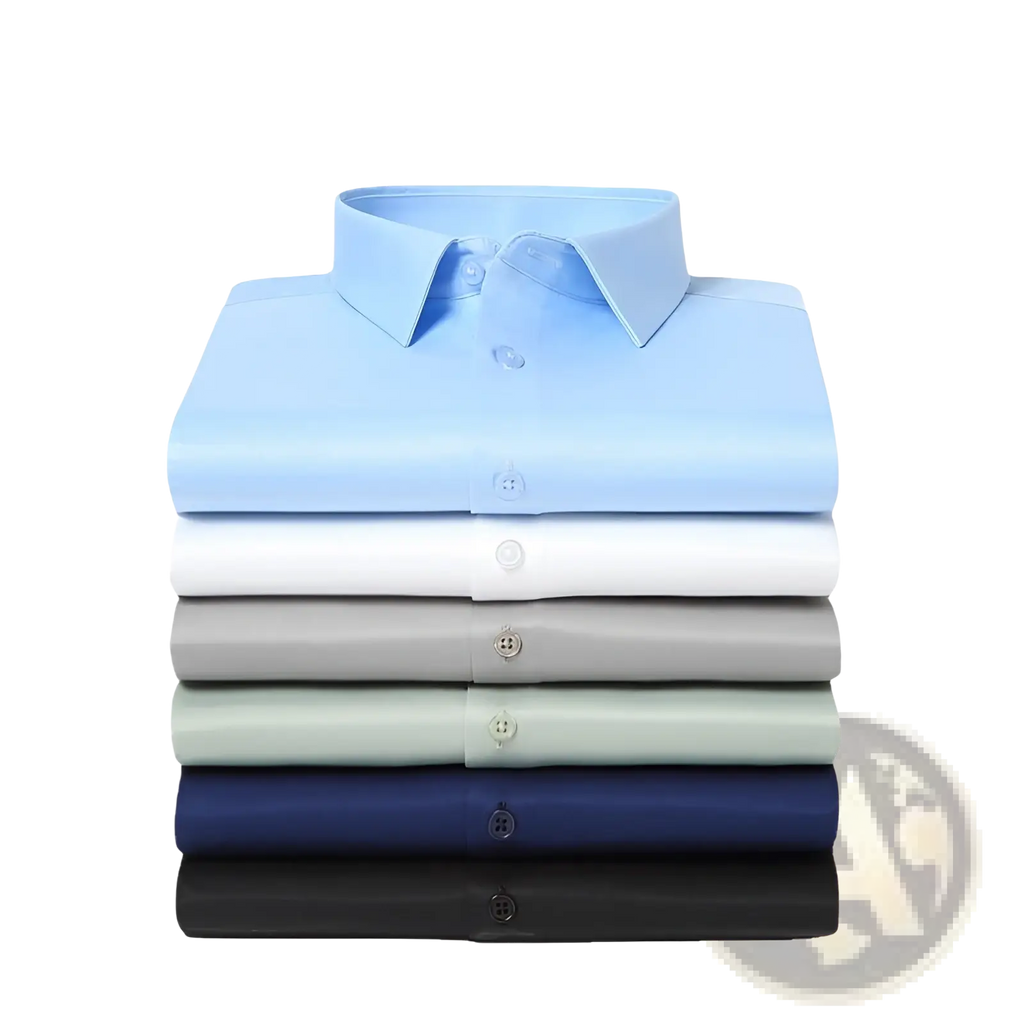 Stack of neatly folded men silk long sleeve dress shirts in light blue white gray mint green navy blue and black colors