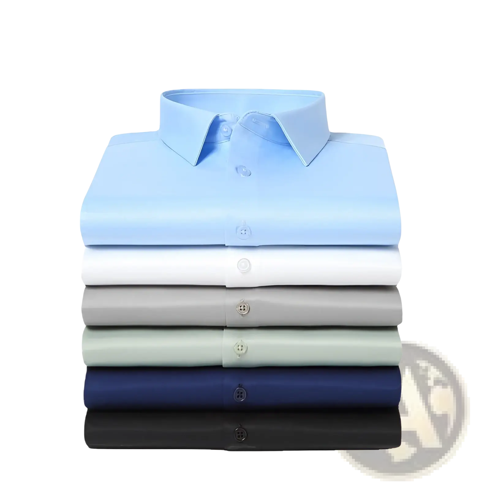 Stack of neatly folded men silk long sleeve dress shirts in light blue white gray mint green navy blue and black colors