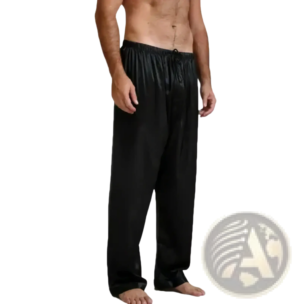 Men silk satin pajama pants loose sleep bottoms in black with elastic waistband and drawstring detail