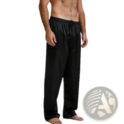 Men silk satin pajama pants loose sleep bottoms in black with elastic waistband and drawstring detail