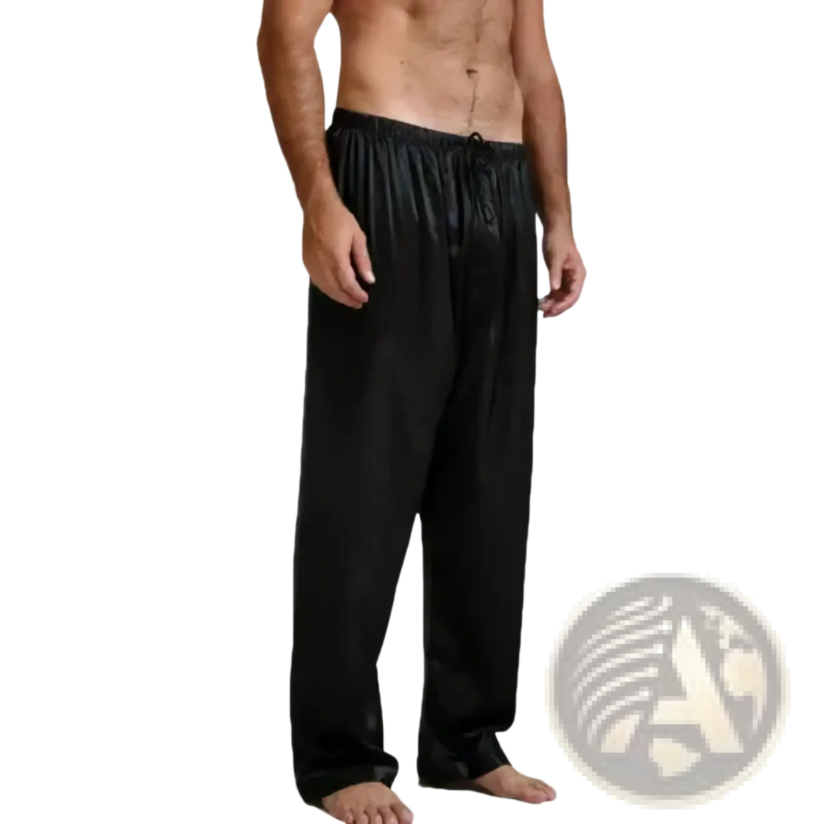 Men silk satin pajama pants loose sleep bottoms in black with elastic waistband and drawstring detail