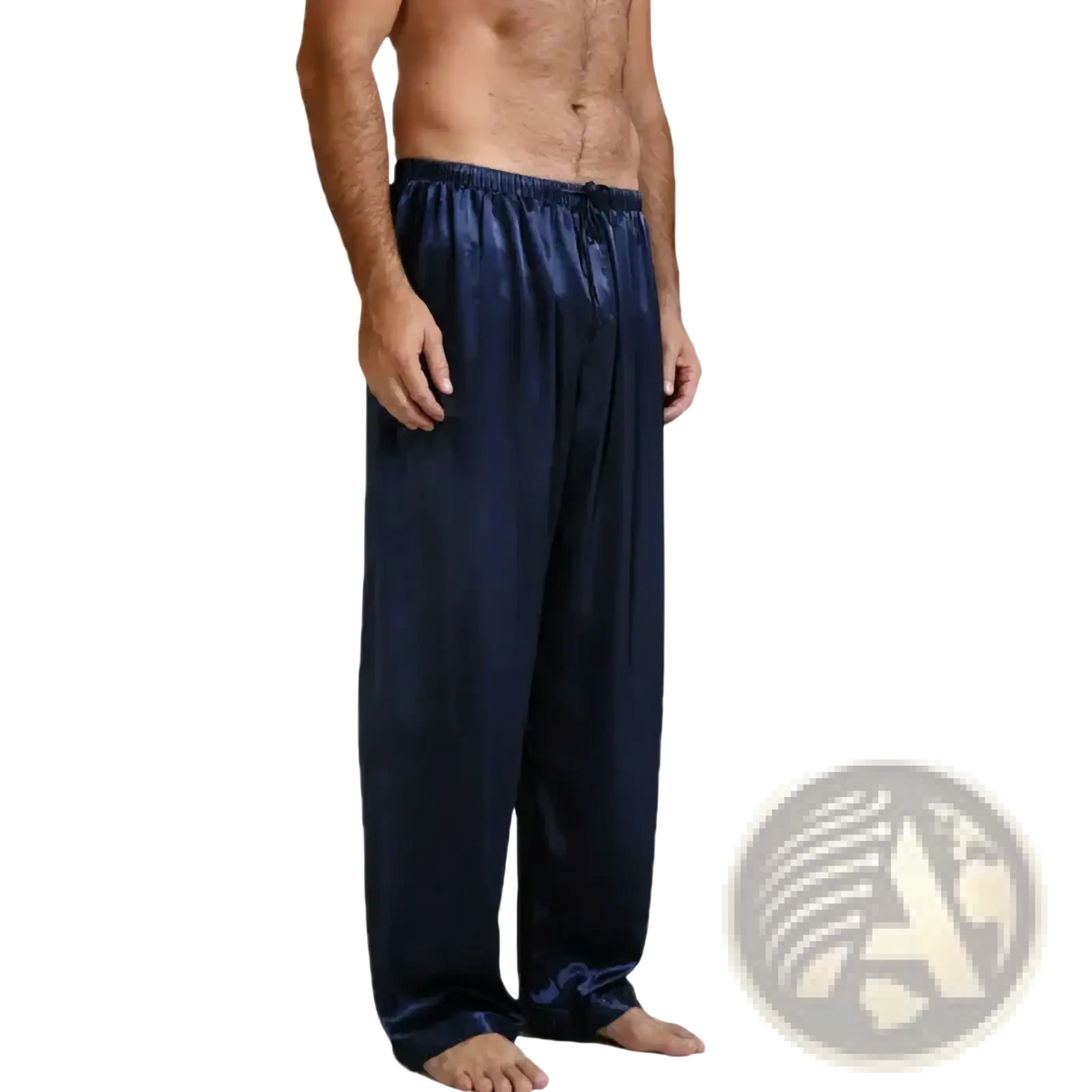 Dark blue silk satin men pajama pants with elastic waistband and drawstring for loose comfortable sleepwear