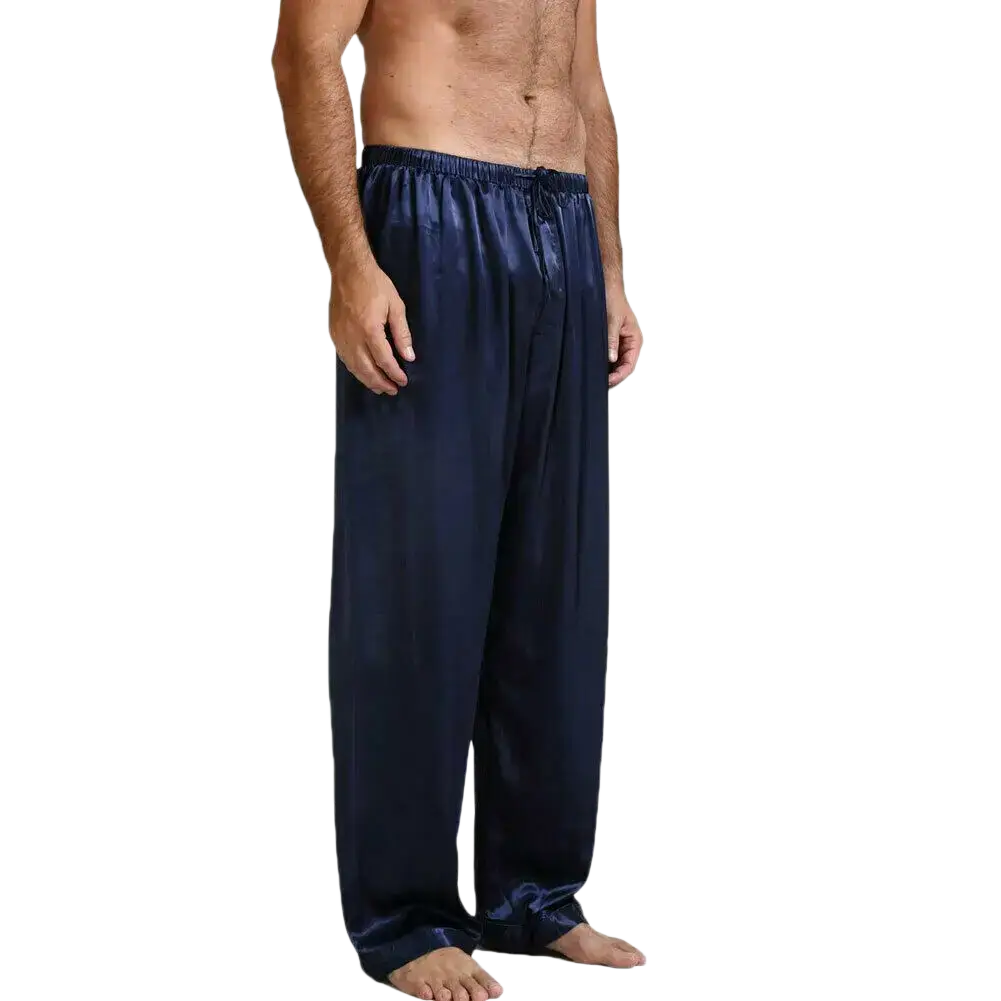 Dark blue silk satin men pajama pants with elastic waistband and drawstring for loose sleep bottoms