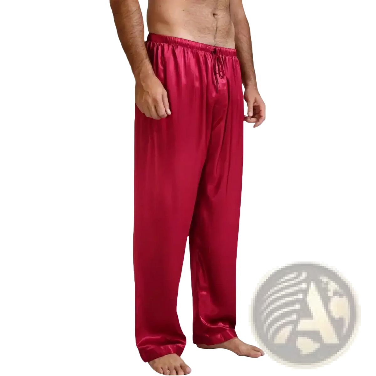 Men silk satin pajama pants in red with elastic waistband and drawstring loose sleep bottoms