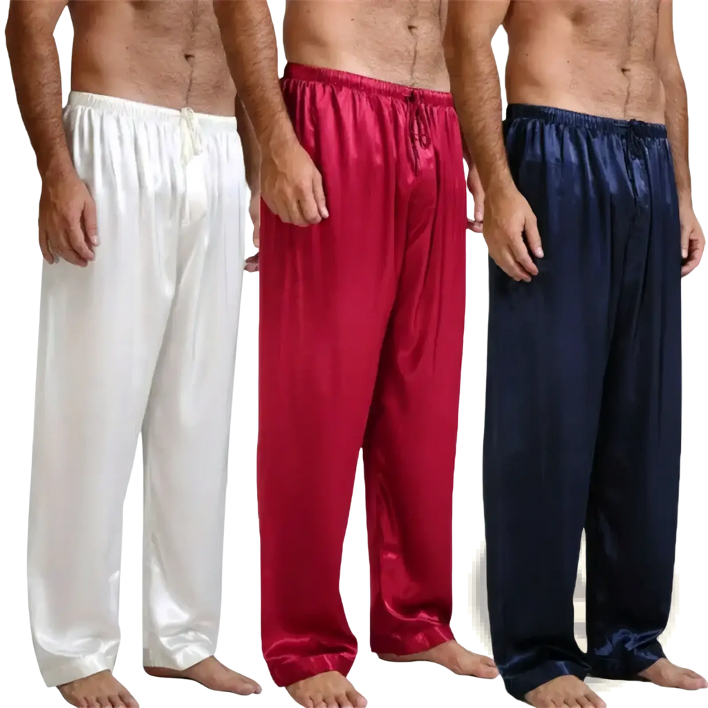 Three pairs of men silk satin pajama pants in white red and navy blue loose sleep bottoms for comfort