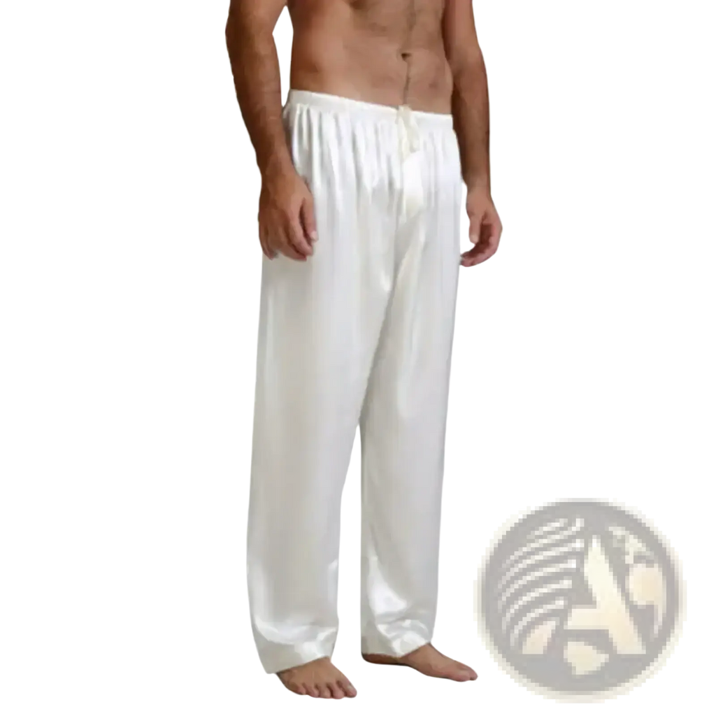 Men silk satin white pajama pants with a loose fit and drawstring waistband for comfortable sleepwear