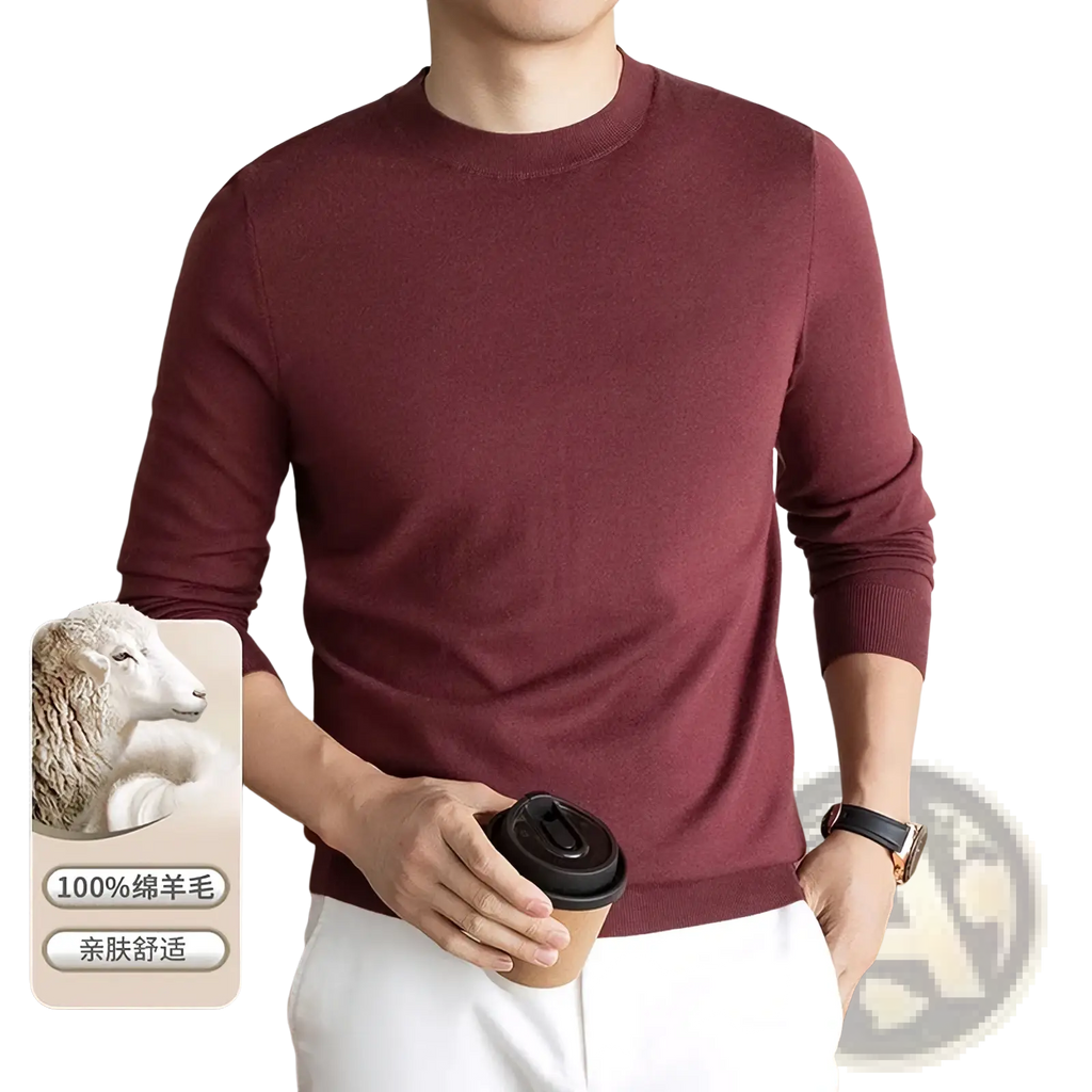 A maroon long-sleeved crewneck sweater made of 100 percent wool with a soft and comfortable texture