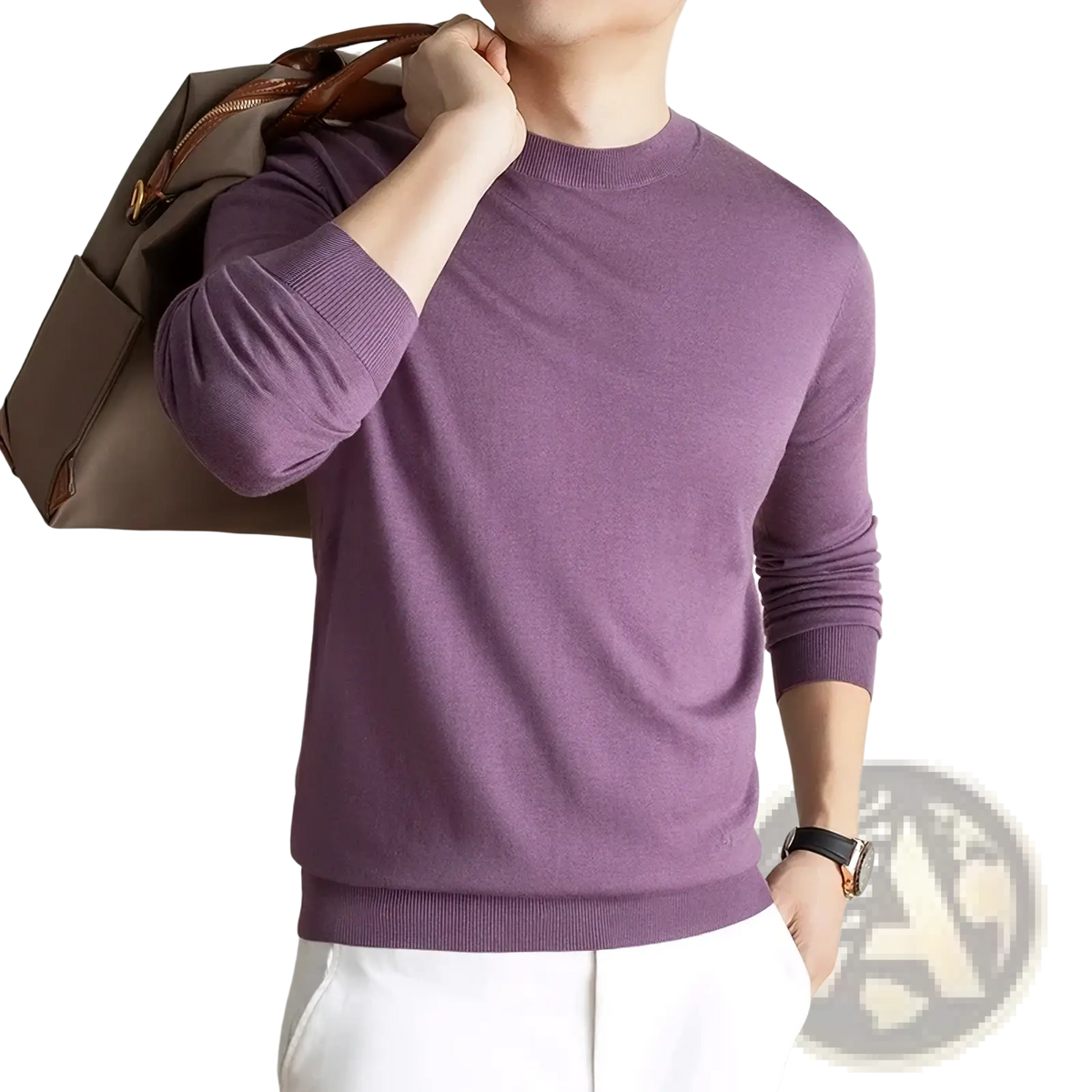 Men silk wool cashmere blend sweater pullover in soft lavender 100% wool with ribbed crew neckline and cuffs