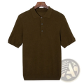 Men silk wool knit polo shirt in olive green with short sleeves, classic collar, and three dark buttons