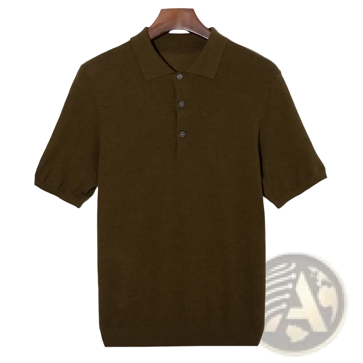 Men silk wool knit polo shirt in olive green with short sleeves, classic collar, and three dark buttons