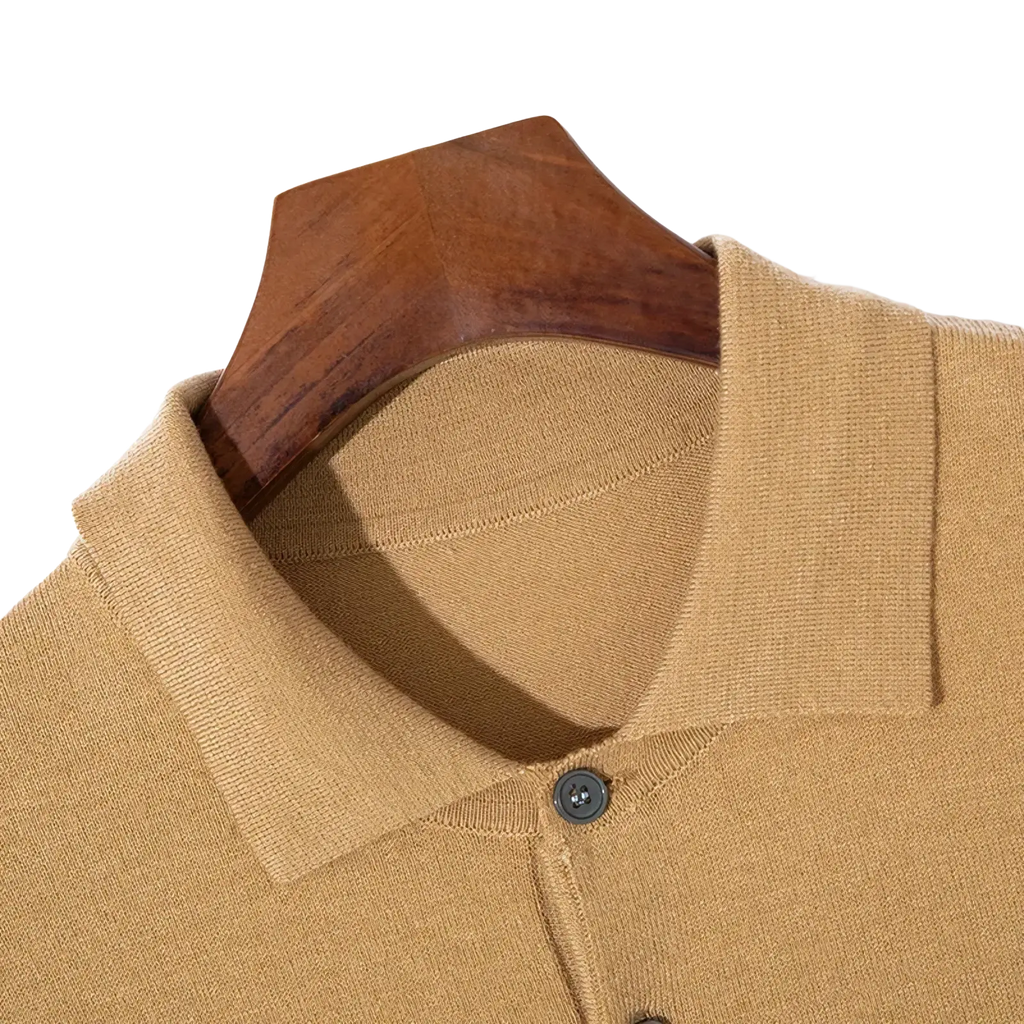 Men silk wool knit polo shirt in tan with ribbed collar and dark gray button highlighting refined knitwear design