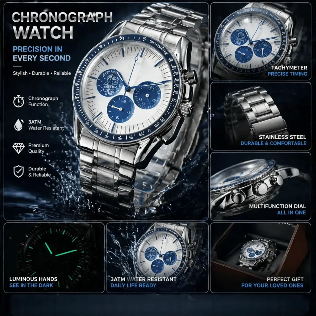 Men silver chronograph quartz watch with stainless steel case white dial blue subdials and tachymeter scale