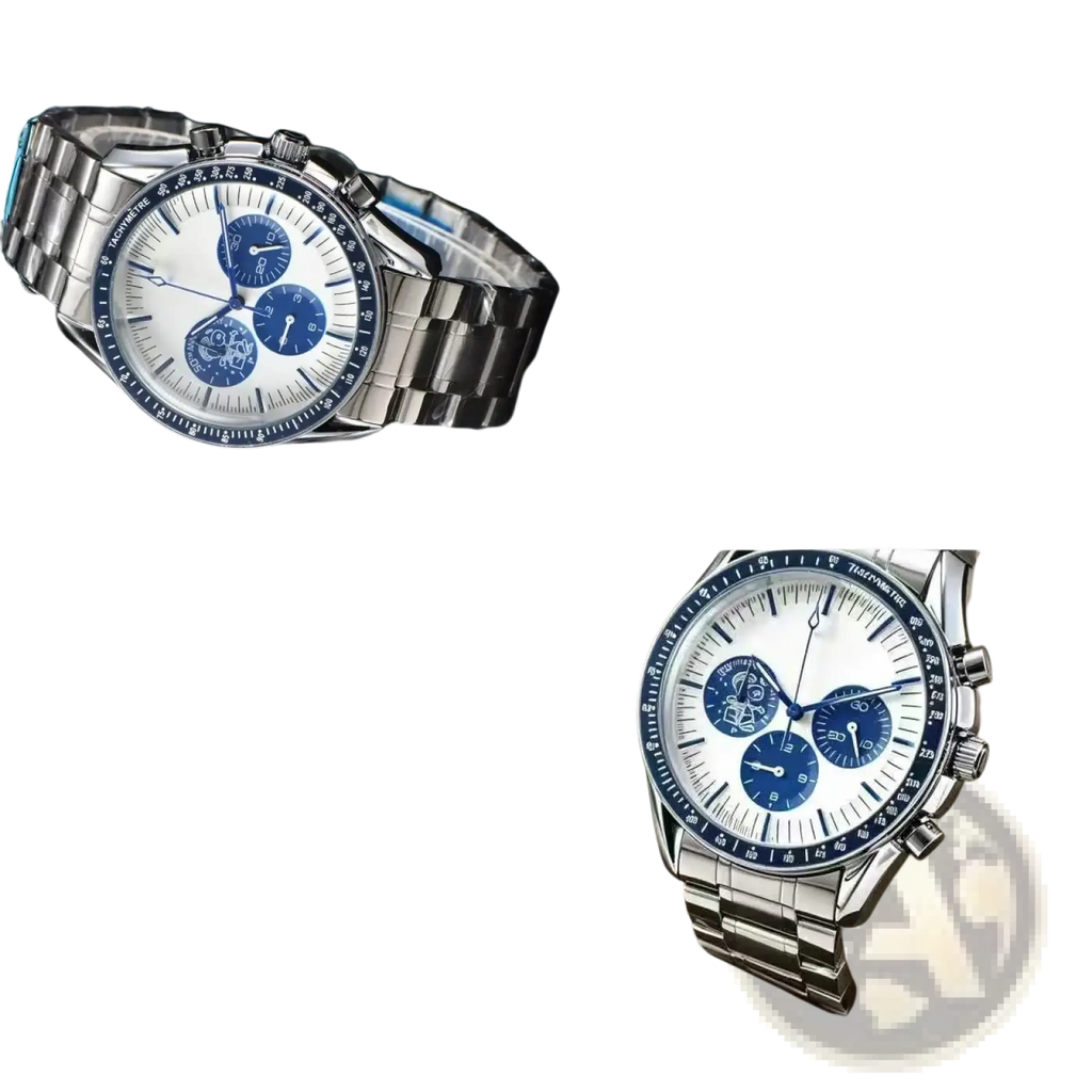 Men silver chronograph quartz watch with stainless steel case, white dial, blue subdials, and luminous green hands