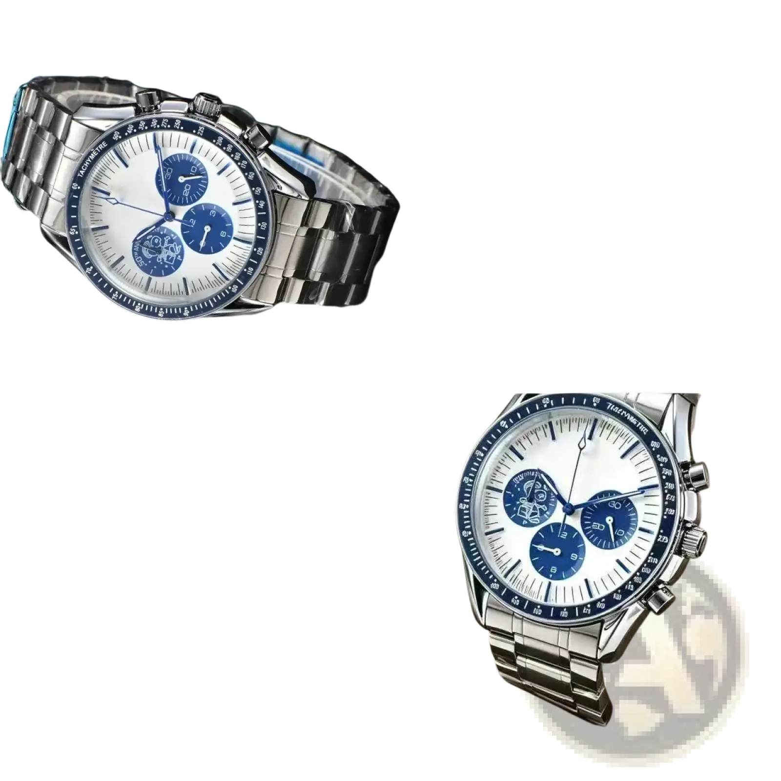 Men silver chronograph quartz watch with stainless steel case, white dial, blue subdials, and luminous green hands