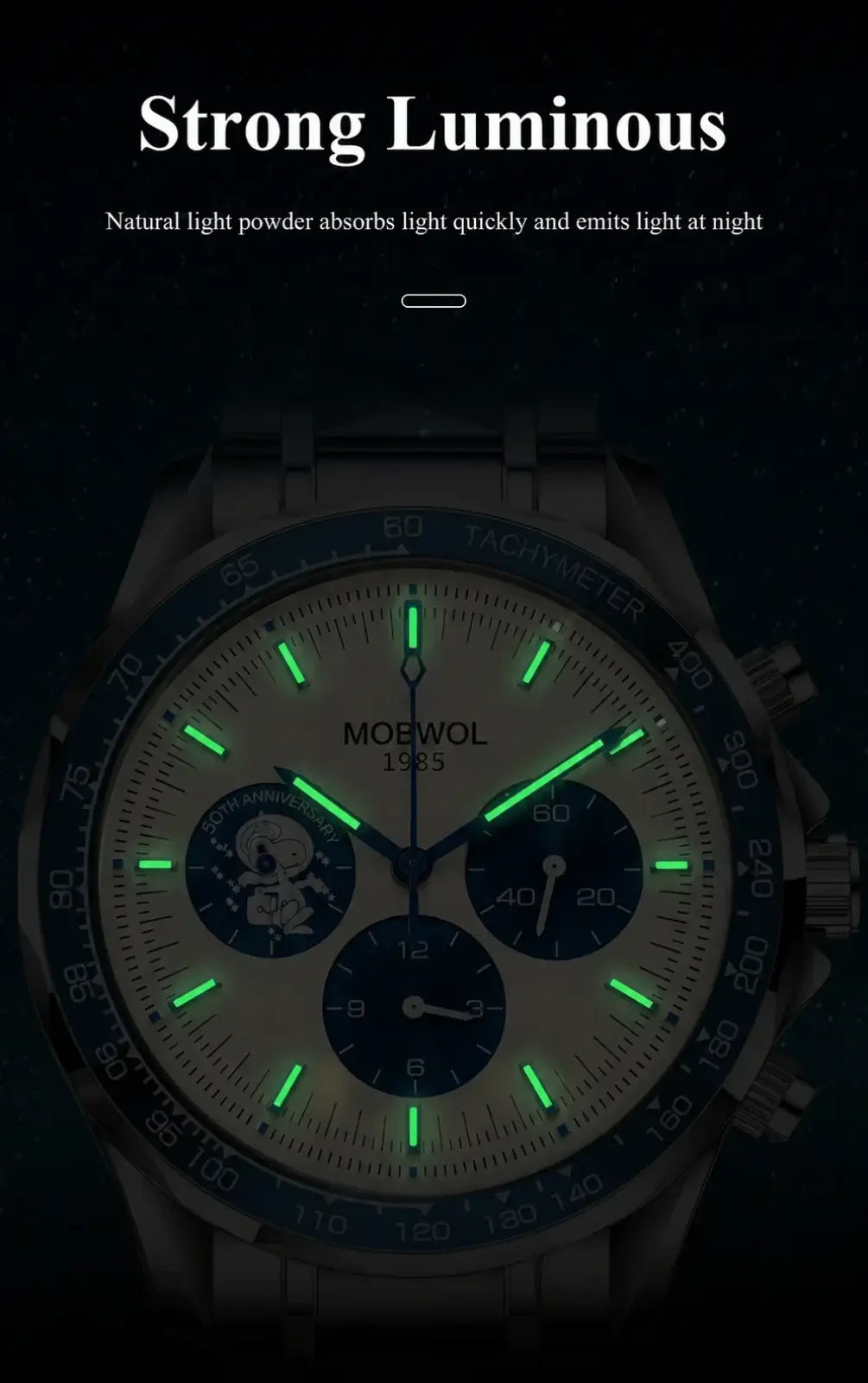 Men silver chronograph quartz watch with glowing green hands silver stainless steel case and bracelet cream dial