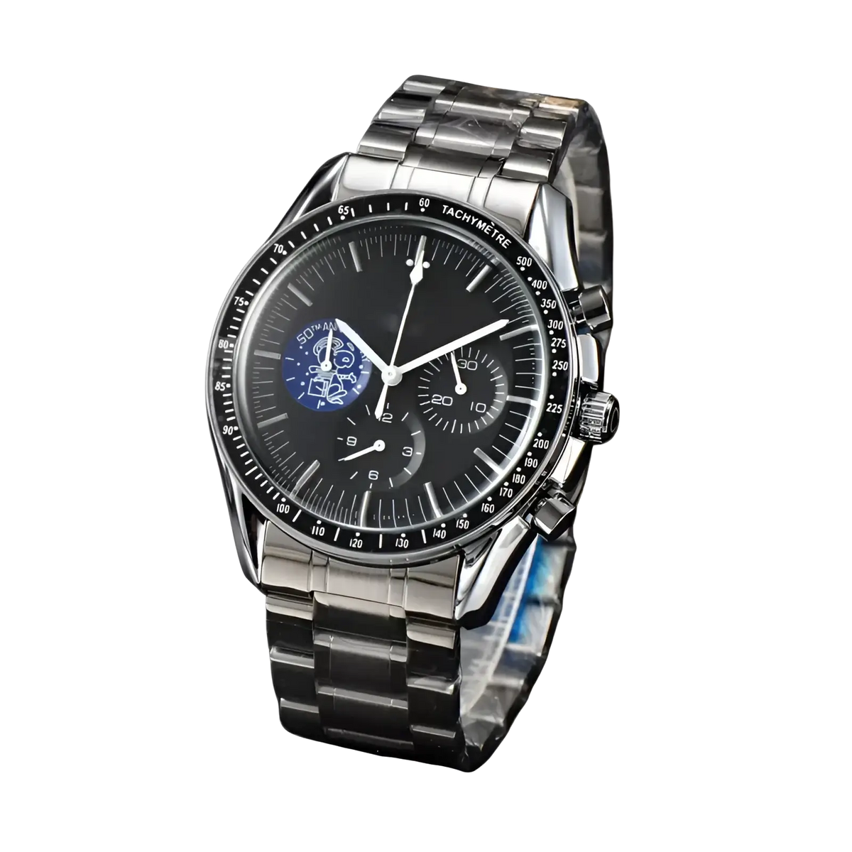 Men silver chronograph quartz watch with a black dial featuring a blue cartoon character and stainless steel bracelet