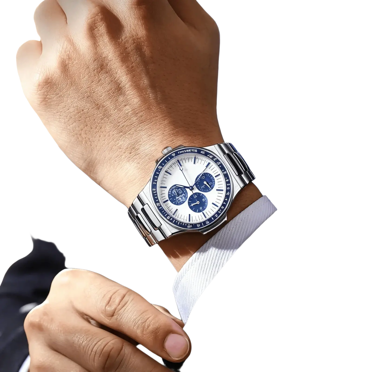 Men silver chronograph quartz watch with stainless steel case white dial and blue subdials and bezel markings