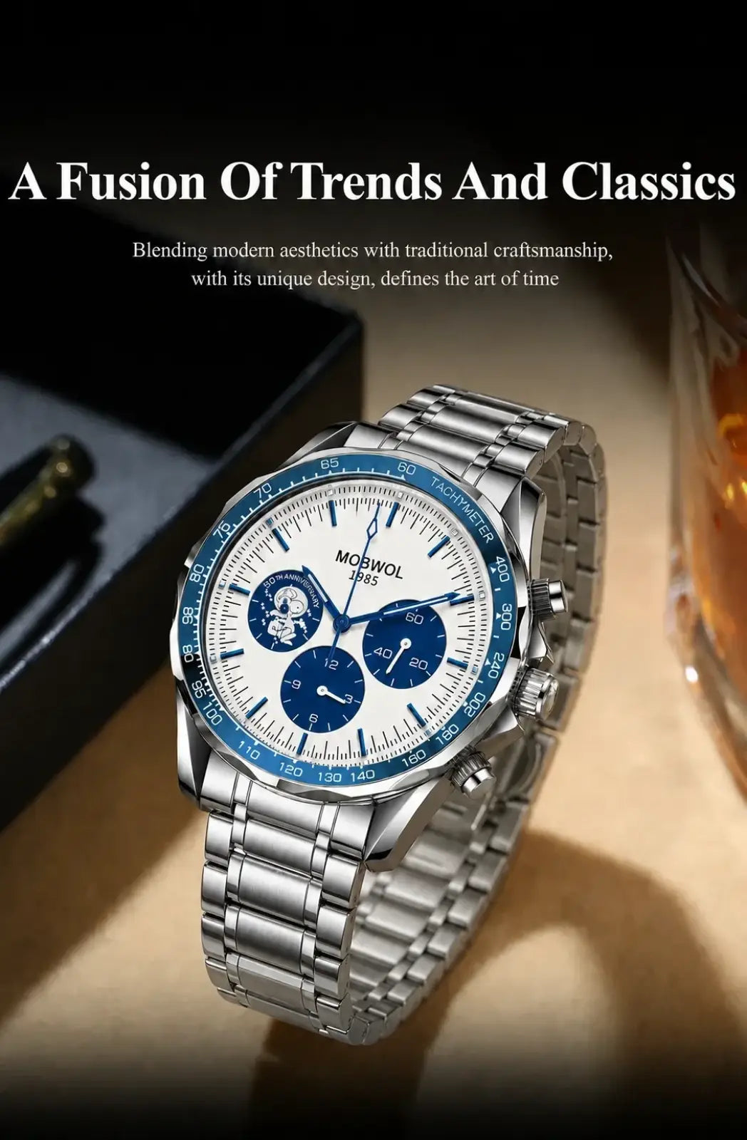 Men silver chronograph quartz watch stainless steel with white dial blue subdials and mobiwol 1863 branding